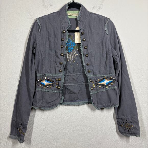 Miss Me Womens Small Studded Embroidered Military Jacket Gray Cotton Lace Trim - Picture 1 of 10